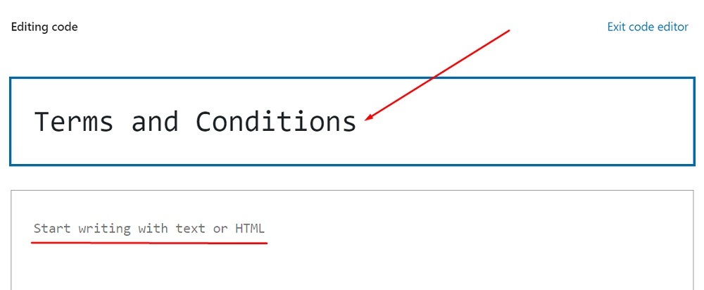 FreePrivacyPolicy WordPress website: Pages - Add a Terms and Conditions title and text in the editor highlighted