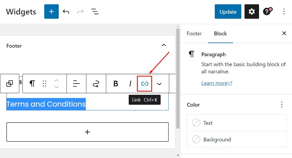 FreePrivacyPolicy WordPress website: Widgets Editor - Widget group paragraph block with Terms and Conditions selected and link icon highlighted