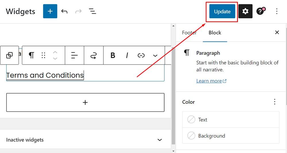 FreePrivacyPolicy WordPress website: Widgets Editor - Widget group paragraph block with linked Terms and Conditions URL added and Update button highlighted