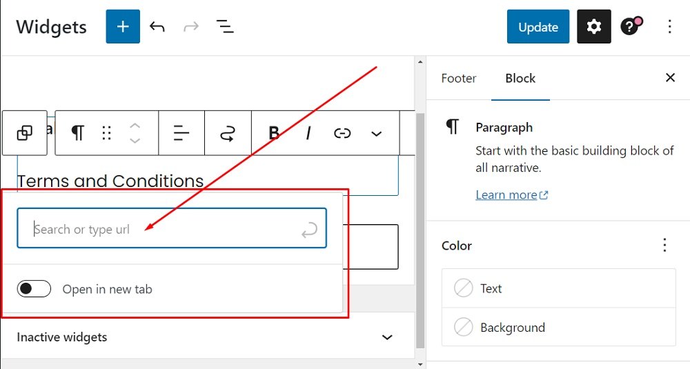 FreePrivacyPolicy WordPress website: Widgets Editor - Widget group paragraph block with add URL highlighted