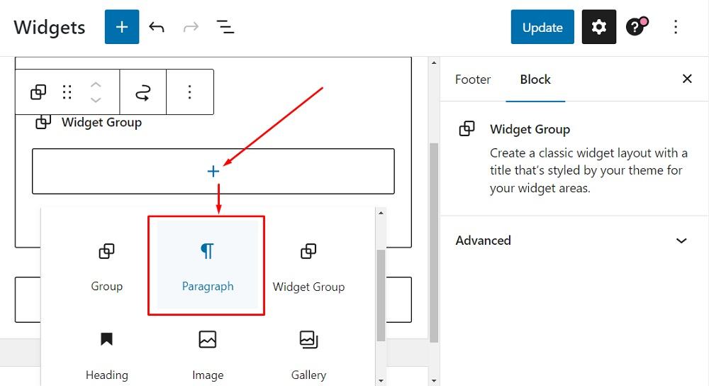 FreePrivacyPolicy WordPress website: Widgets Editor - Widget group - Paragraph block highlighted