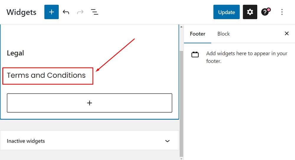 FreePrivacyPolicy WordPress website: Widgets Editor - Widget group Terms and Conditions block with text added highlighted