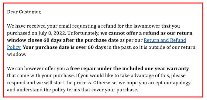 Generic deny a return request email sample
