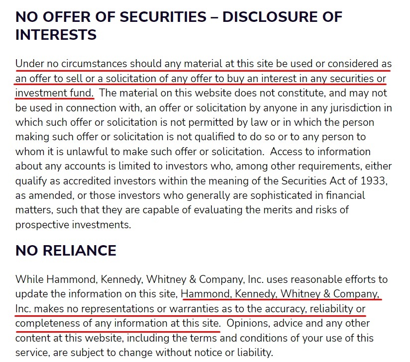 Hammond Kennedy Whitney and Company Disclaimer and Terms of Use: No offer of securities disclosure of interests no reliance clauses