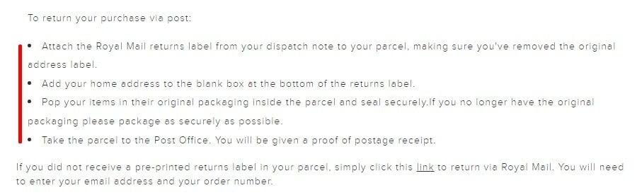 Hobbs Returns Policy: Return via post instructions section