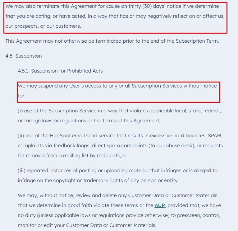 HubSpot Customer Terms of Service: Terminate and Suspension clause