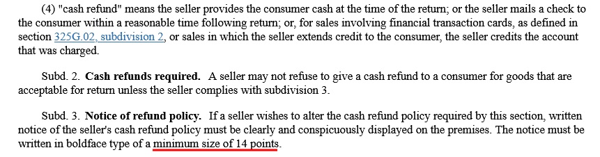 Minnesota Statutes Section 325F.80 - Retail Sales of Consumer Goods - Refunds section excerpt