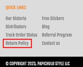 Papichulo Style website footer with Return Policy link highlighted