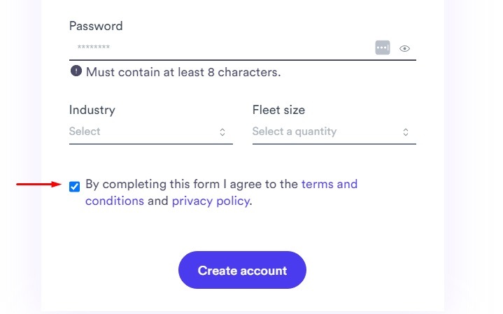 SimpliRoute Create Account form with Agree to Terms and Conditions and Privacy Policy checkbox highlighted