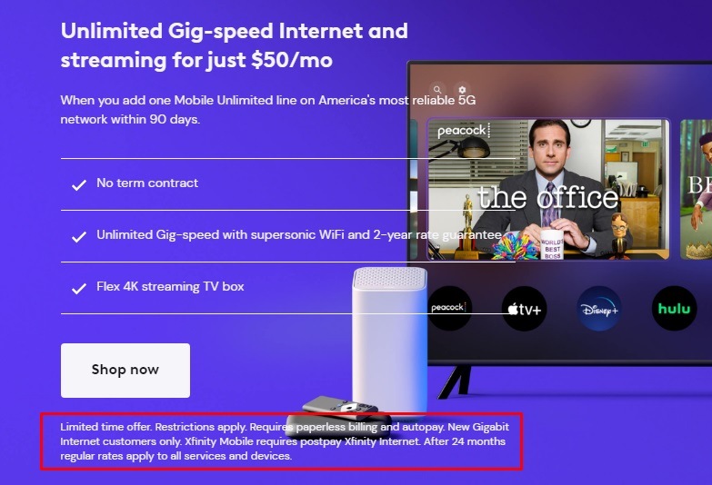 Xfinity advertisement with disclaimer highlighted