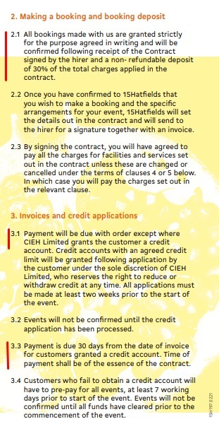 15 Hatfields Terms and Conditions: Payment terms excerpts