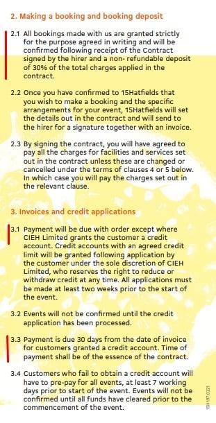 15 Hatfields Terms and Conditions: Payment terms excerpts