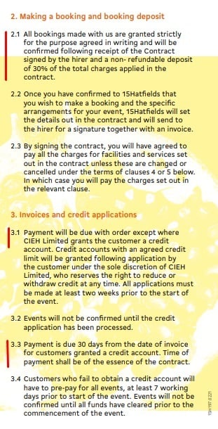 15 Hatfields Terms and Conditions: Payment terms excerpts