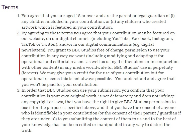 BBC Studios Terms and Conditions for User Generated Content excerpt