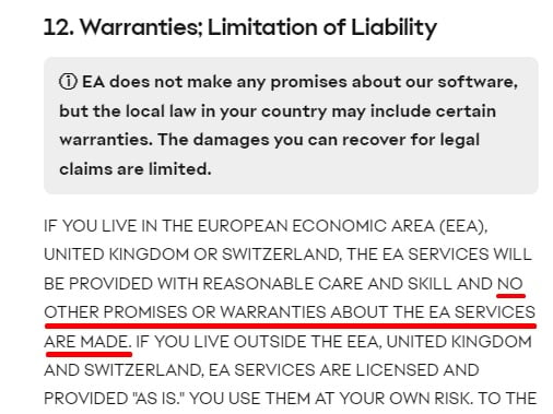 Electronic Arts User Agreement: Warranties and Limitation of Liability clause