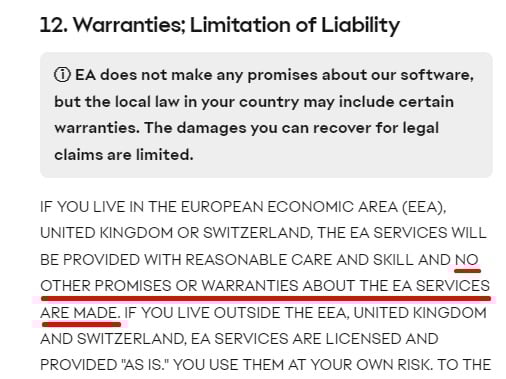 Electronic Arts User Agreement: Warranties and Limitation of Liability clause