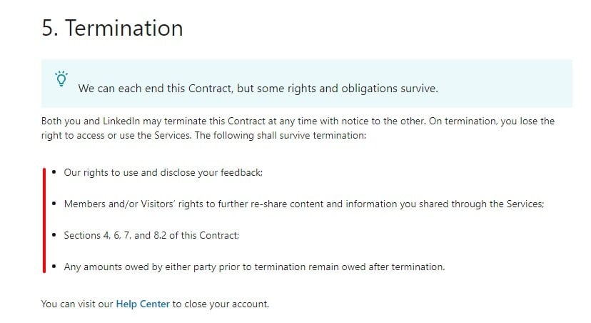 LinkedIn User Agreement: Termination clause