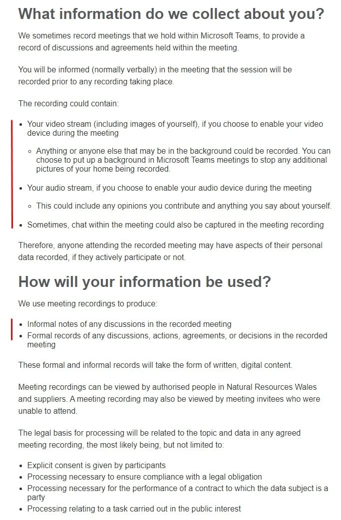 Natural Resources Wales: Meeting Recording Privacy Notice - What Information we collect clause