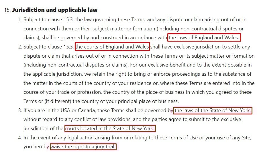 Nature Terms and Conditions: Jurisdiction and applicable law clause