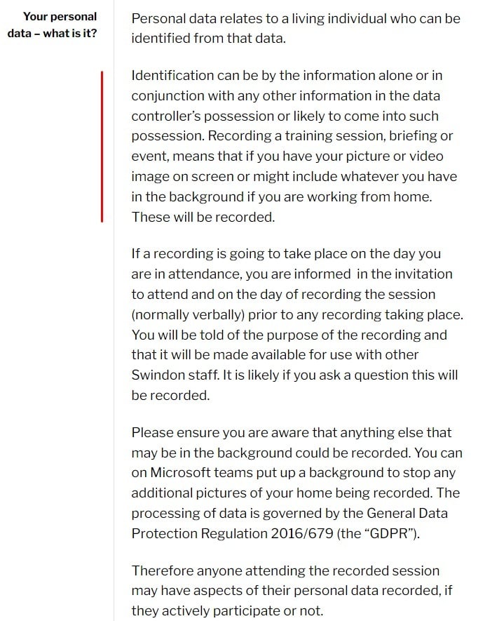 Swindon Borough Council: Recording Team Meetings Privacy Notice: Personal data clause excerpt