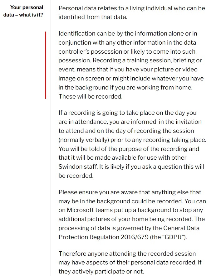 Swindon Borough Council: Recording Team Meetings Privacy Notice: Personal data clause excerpt