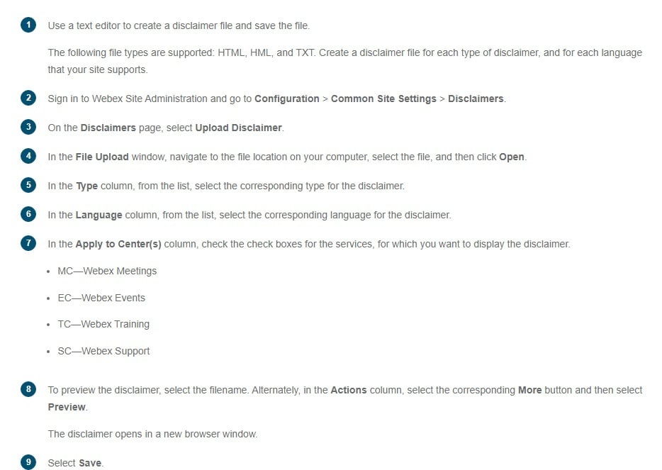 Webex instructions for custom meeting disclaimers page