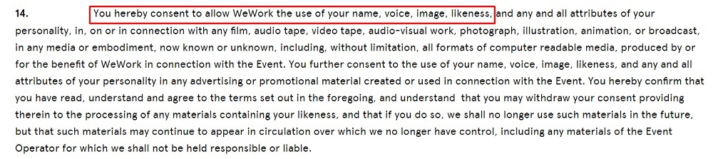 WeWork Online event Participation Waiver: Consent to use likeness clause