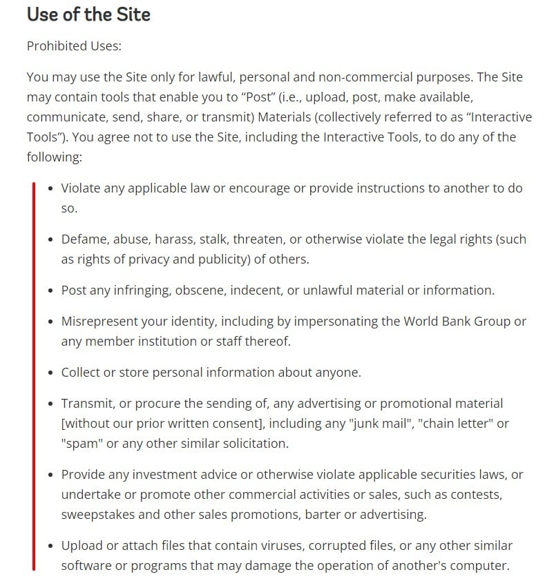 World Bank Terms and Conditions: Use of the Site clause