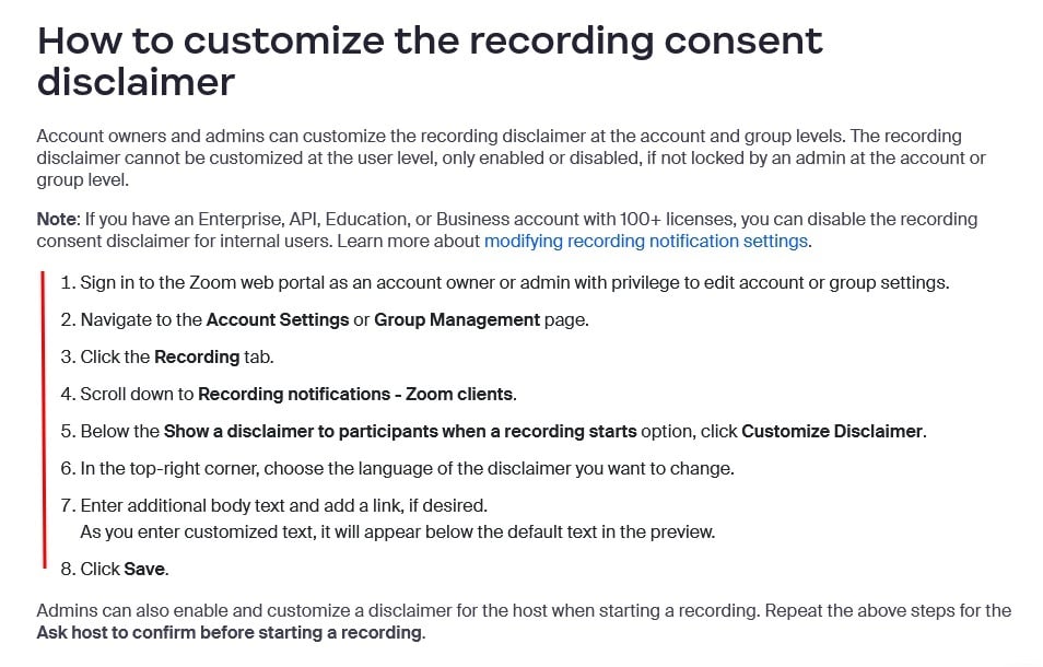 Zoom customize meeting recording consent disclaimer instructions