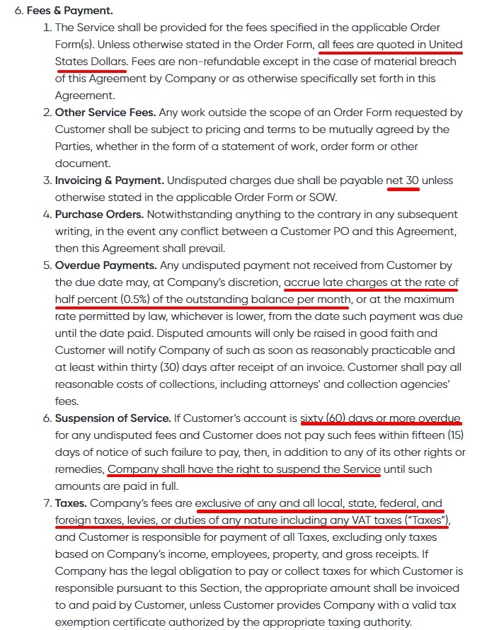 Firstup SaaS Agreement: Fees and Payment clause