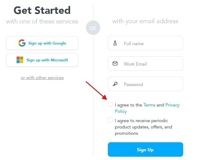 Meister sign-up form with Agree checkbox highlighted