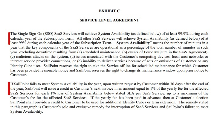 SailPoint SaaS Agreement: Service Level Agreement section excerpt