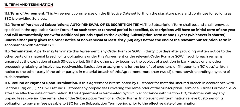 Security Scorecard SaaS Agreement: Term and Termination clause excerpt