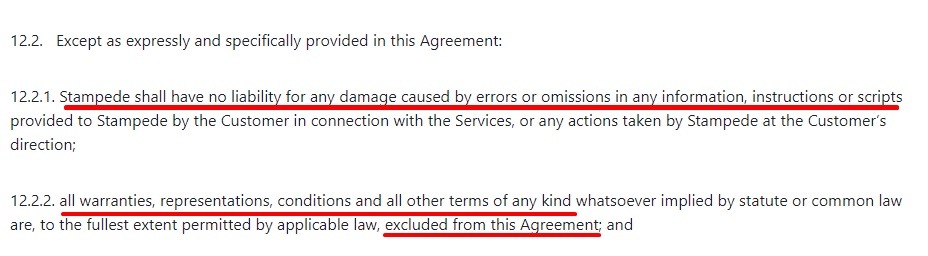 Stampede SaaS Agreement: Limitation of Liability and Warranty Disclaimer clause