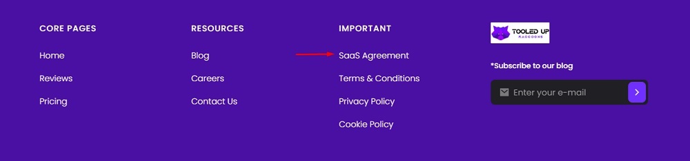 Tooled Up Raccoons website footer with SaaS agreement link highlighted