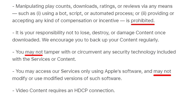 Apple Media Services Terms and Conditions: Usage Rules clause excerpt
