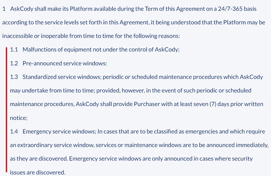 AskCody Terms and Conditions: Platform may be inaccessible or inoperable clause