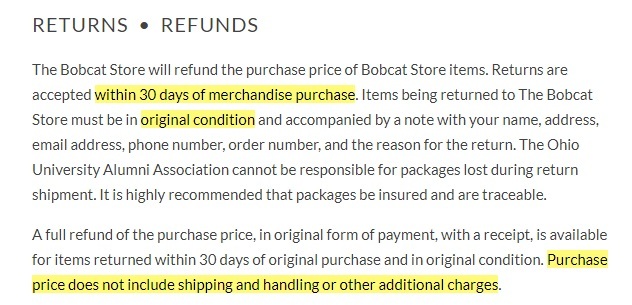 Bobcat Store Returns and Refunds Policy excerpt