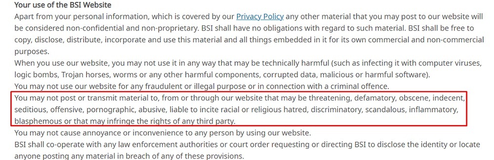 BSI Terms of Use: Limits on posting and transmitting materials