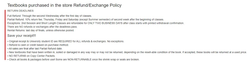 Campus Store of the University of Utah: Return Policy excerpt