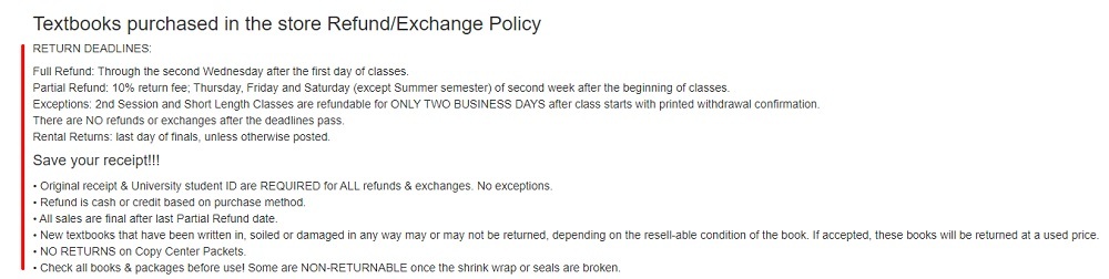 Campus Store of the University of Utah: Return Policy excerpt