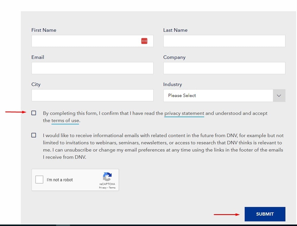 DNV sign-up form with consent checkbox highlighted