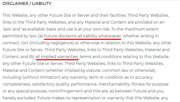 Future Terms and Conditions: Disclaimer Liability clause