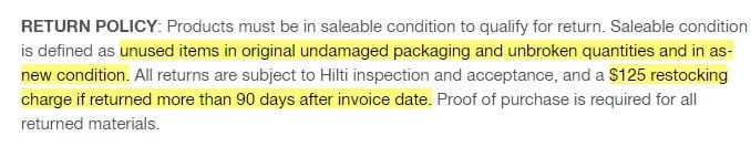 Hilti Terms and Conditions: Return Policy clause