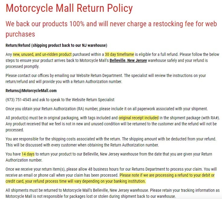 Motorcycle Mall Return Policy excerpt