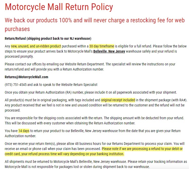 Motorcycle Mall Return Policy excerpt