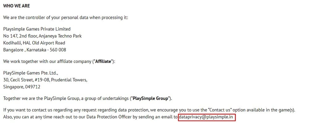 Playsimple Privacy Policy: Contact clause