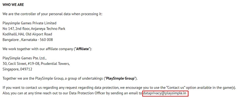 Playsimple Privacy Policy: Contact clause