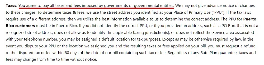 T Mobile Terms and Conditions: Taxes clause