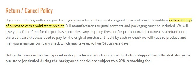 United Gun Shop Return and Cancel Policy excerpt